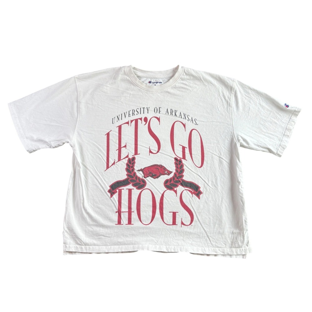Champion University of Arkansas Lets Go Hogs Graphic T-Shirt White Small Boxy
